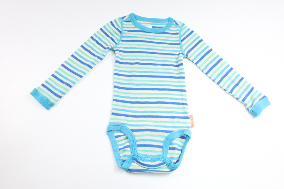 Gestreifter Funktionsbody aus 100 % Merinowolle von Pierre Robert – Größe 74/80 – Blau