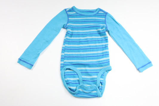 Gestreifter Funktionsbody aus 100 % Merinowolle von Pierre Robert – Größe 80/86 – Blau