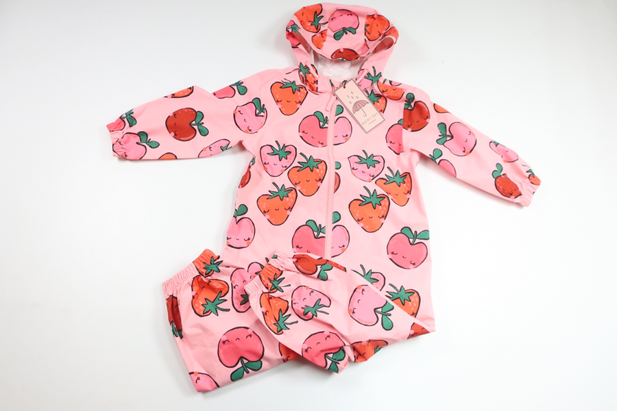 Thin shell jumpsuit with strawberries from Next - Size 98 - Pink