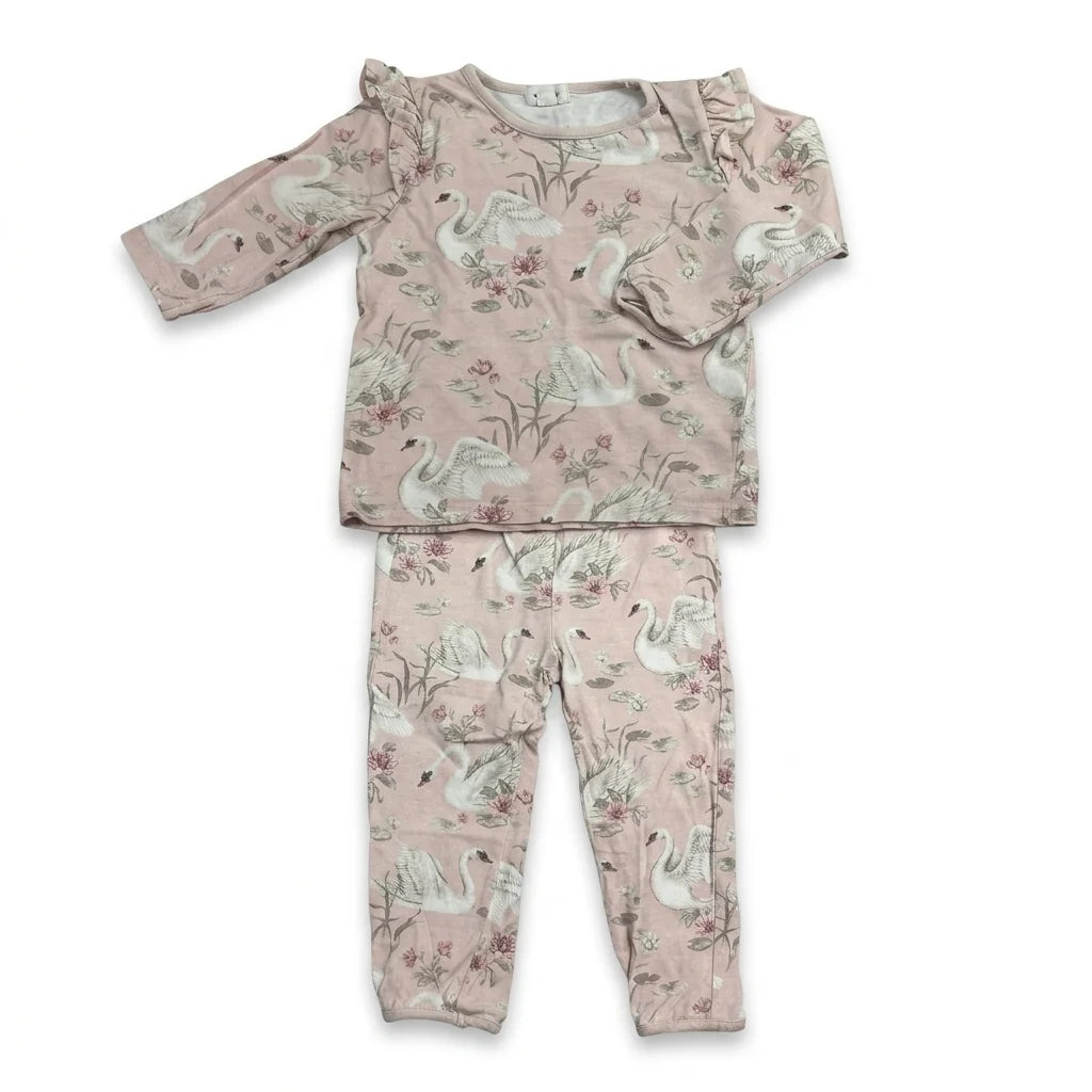 Blommig tvådelad pyjamas med svanar från Newbie - Storlek 86/92 - Rosa